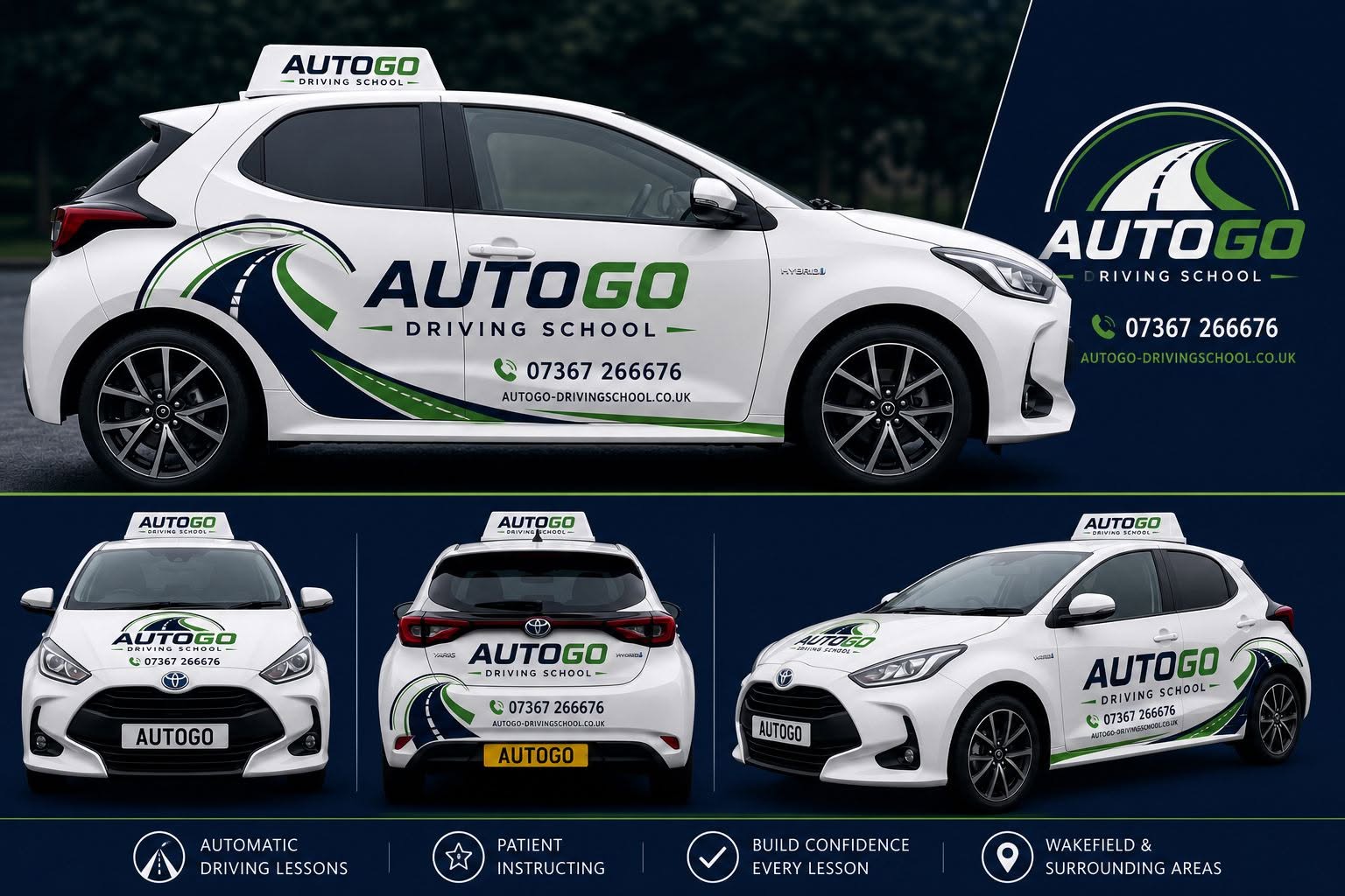 AutoGo Driving School car — branded Toyota Yaris Hybrid